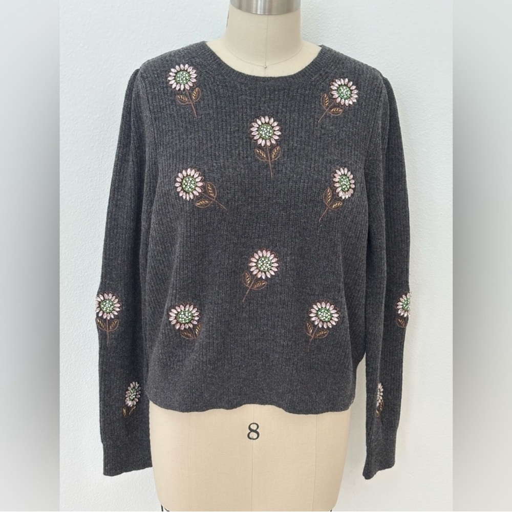 Boden Rhinestone Daisy Embellished Sweater NWT Dark Gray Wool-Blend US 12 - Picture 3 of 11
